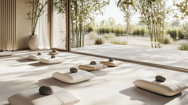 The illustration depicts a serene meditation room, characterized by soft lighting, calming natural tones, and floor cushions, with the descriptor Serene