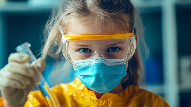Schoolgirl wearing a face mask and goggles, holding a test tube with a focused expression, ensuring lab safety. - Powered by Adobe