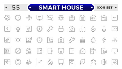 Line icons about smart house. Sustainable development. Contains such icons as renewable energy, autonomous building, air and water quality.
