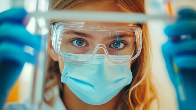 Schoolgirl wearing a face mask and goggles, holding a test tube with a focused expression, ensuring lab safety.