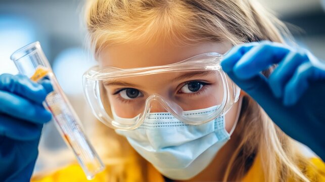 Schoolgirl wearing a face mask and goggles, holding a test tube with a focused expression, ensuring lab safety.
