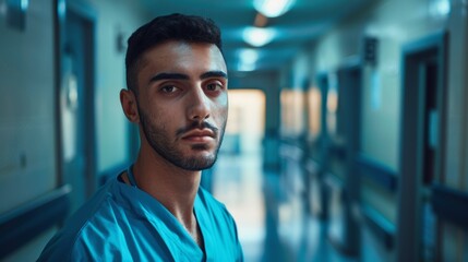 Obraz premium The image features a male medical professional, likely a doctor or nurse, standing in an empty hospital corridor.