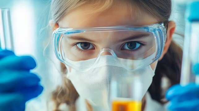 Schoolgirl wearing a face mask and goggles, holding a test tube with a focused expression, ensuring lab safety.