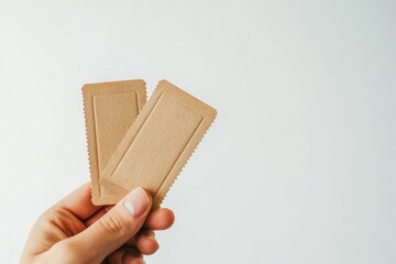 Hand holding blank kraft tickets, white background, event promotion