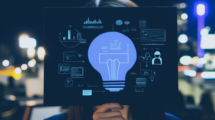 Embracing Innovation: A person holds up a sign, a lightbulb, as the concept of innovation illuminates the foreground, with a graphical representation of ideas and data analysis in the background.