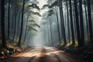 Obraz premium there is a dirt road that is surrounded by trees and rocks