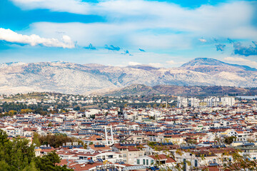 Panorama of Manavgat city and mountains in the background from viewpoint Turkbeleni Ormani.  Antalya province, Turkey