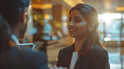 Two women, one smiling at camera, in an indoor setting, possibly a business or event space.