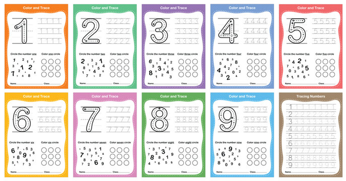 Numbers 1-9 Tracing and Color by Number Worksheet for Kids