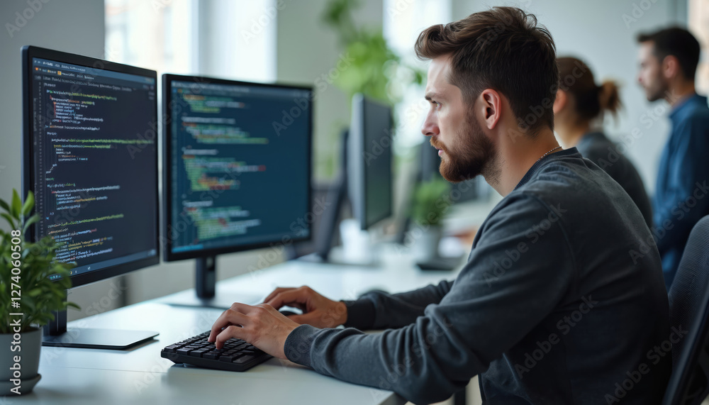 Fototapete Software developer man coding script in modern office. Focused coder at computer monitor. Cyber security specialist works on desktop pc. Programmer typing on keyboard. Engineering team working at