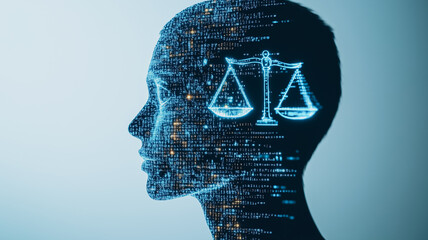 AI's Legal Mind: A human silhouette overlaid with digital code, the scales of justice elegantly glowing within the head. Merging technology and ethics.