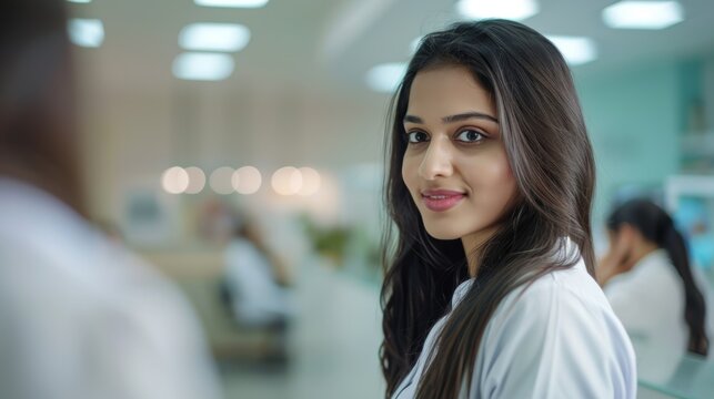 The image shows a woman in a professional setting, likely an office or medical facility, based on the attire and environment.