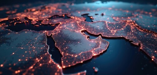 Hyper realistic digital map of Saudi Arabia, MENA region shows global network, connectivity. Blue planet earth continent, worldwide international web connection. Data transfer tech, communication,