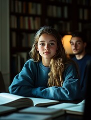 Obraz premium Portrait of young girl studying in the library