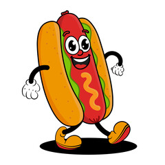 Vector illustration of a funny cartoon hot dog mascot in a retro rubber hose style. Cheerful fast food character with mustard and lettuce, walking confidently.