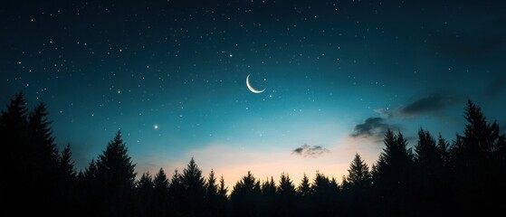 A clear, starry night sky filled with deep blues and purples, with a faint crescent moon and twinkling stars. 
