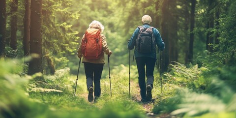 Fototapeta premium Sun-dappled trail winding through a verdant forest, flanked by towering trees and vibrant ferns
