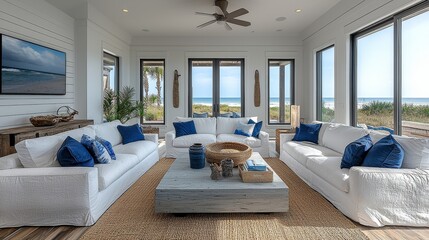 A description and keywords for your stock photo include a luxurious beachfront living room, ocean view, white sofas, and blue accents