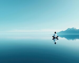 Fototapeta premium Woman sitting on a calm lake surface in a lotus position, blending surrealism with peaceful meditation