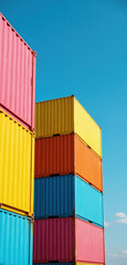 Fototapeta premium Multi colored shipping containers stacked vertically against clear blue sky. Cargo containers for import export logistics in global trade show order, pattern and repetition of color palette.