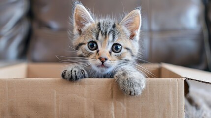 A cute kitten peeks out of a cardboard box, showcasing its playful and curious nature.