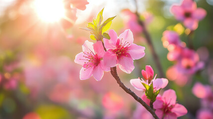Obraz premium Pink blossoms bathed in warm sunlight, evoking a sense of springtime beauty and natural serenity. Delicate petals and radiant light create a peaceful scene.