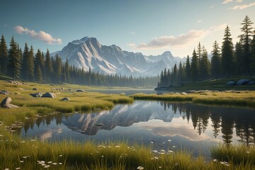 there is a mountain range with a lake and a forest