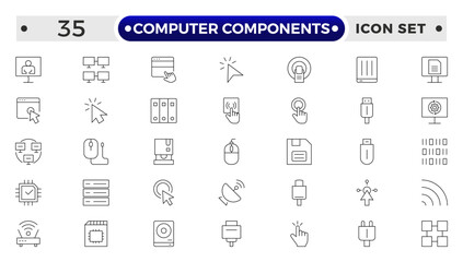 Computer components icon set. Containing online, computer, network, website, server, web design, hardware, software and programming.