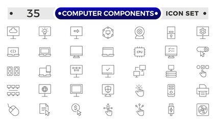 Computer components icon set. Containing online, computer, network, website, server, web design, hardware, software and programming.