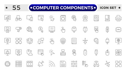 Computer components icon set. Containing online, computer, network, website, server, web design, hardware, software and programming.