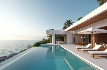 Fototapeta premium Luxury modern white beach hotel with infinity pool, sunbeds on sundeck. Vacation home, luxury resort building with sea view. Luxurious villa exterior. Summer holiday at house with swimmingpool.
