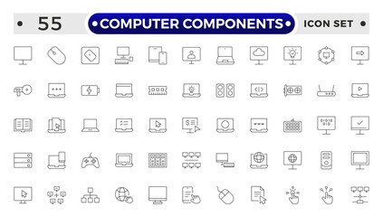 Computer components icon set. Containing online, computer, network, website, server, web design, hardware, software and programming.