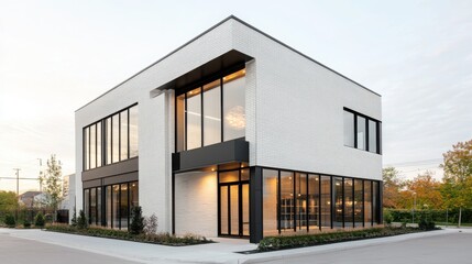 A modern two-story building with white brick walls and floor-to-ceiling windows. 