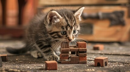 A playful kitten curiously explores small wooden blocks on a rustic surface.