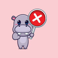 hippo mascot cartoon character vector illustration with wrong sign