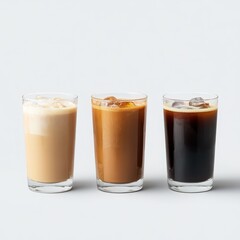 Four cold coffee drinks arranged in a neat grid on a light gray background, each with different glassware and ice cubes. 
