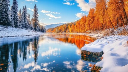 an autumn river scene, where melting snow collects along the riverbanks, reflecting the bright colors of the changing leaves in the crystal-clear water.