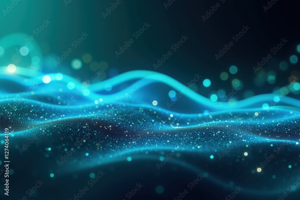 Poster a mesmerizing display of ethereal waves and glowing particles in deep blue and turquoise, capturing 