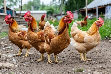 Farm Yard Chickens Feeding - A flock of chickens foraging in a farmyard, symbolizing rural life, agriculture, food production, nature, and simplicity