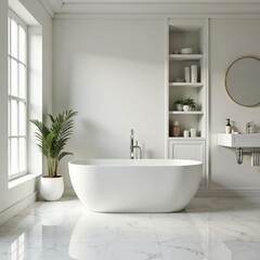 Soaking tub with marble floor and white walls, bathroom, luxury