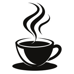 A modern, abstract composition where a coffee cup is surrounded by intricate, swirling steam patterns forming waves and loops silhouette vector art illustration  