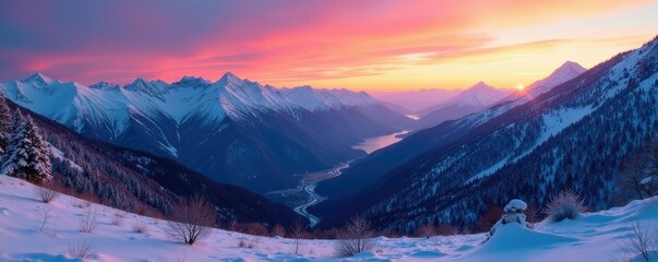Snowy Caucasus mountain range landscape at dusk, sunset, autumn, caucasus