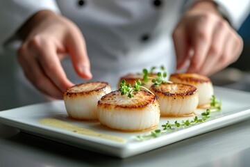 Pan-seared scallops, delicately browned, garnished with fresh herbs, presented on a white plate.