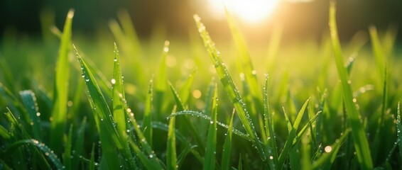 Peaceful Morning Dew Drops on Fresh Green Grass at Sunrise