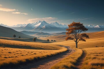 Obraz premium dirt road in a field with a lone tree and mountains in the background