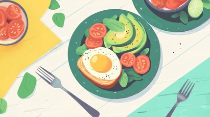 Healthy breakfast plate with avocado, egg, and vegetables
