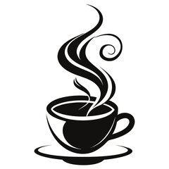 A modern, abstract composition where a coffee cup is surrounded by intricate, swirling steam patterns forming waves and loops silhouette vector art illustration  