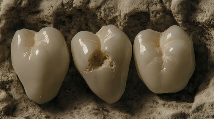 Dental health examination analysis of three teeth dental clinic educational content clinical setting close-up view oral hygiene awareness