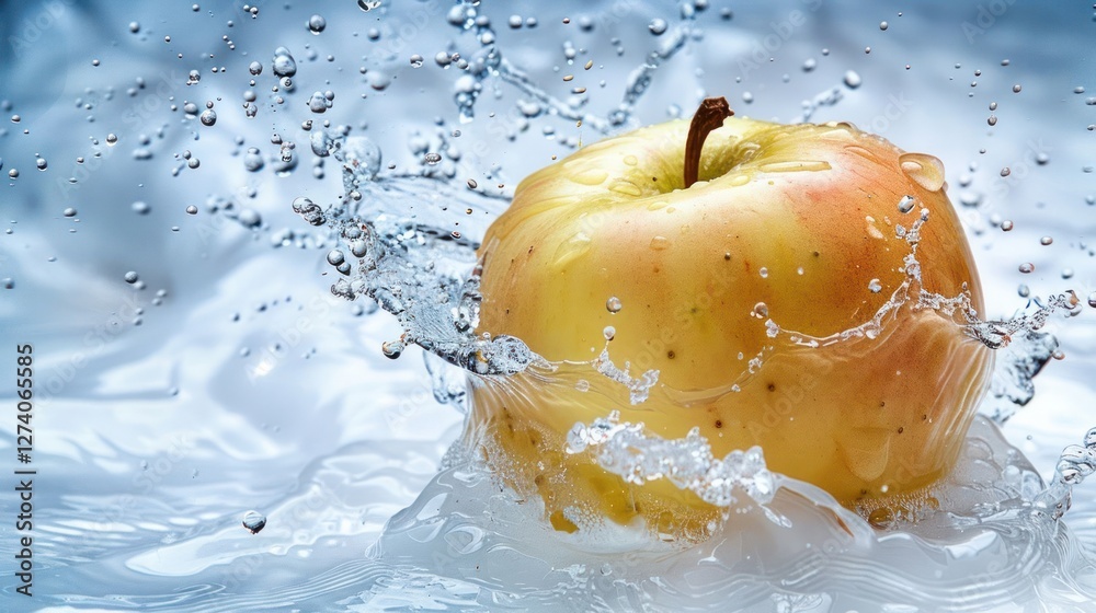 Poster an apple splashes into water, creating dynamic droplets and a refreshing scene.