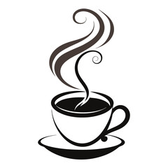 A modern, abstract composition where a coffee cup is surrounded by intricate, swirling steam patterns forming waves and loops silhouette vector art illustration  